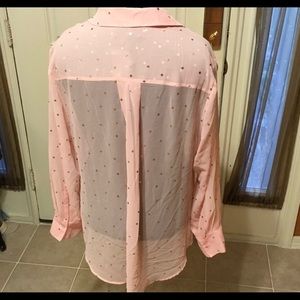 Sheer pink button-down blouse with gold polkadots